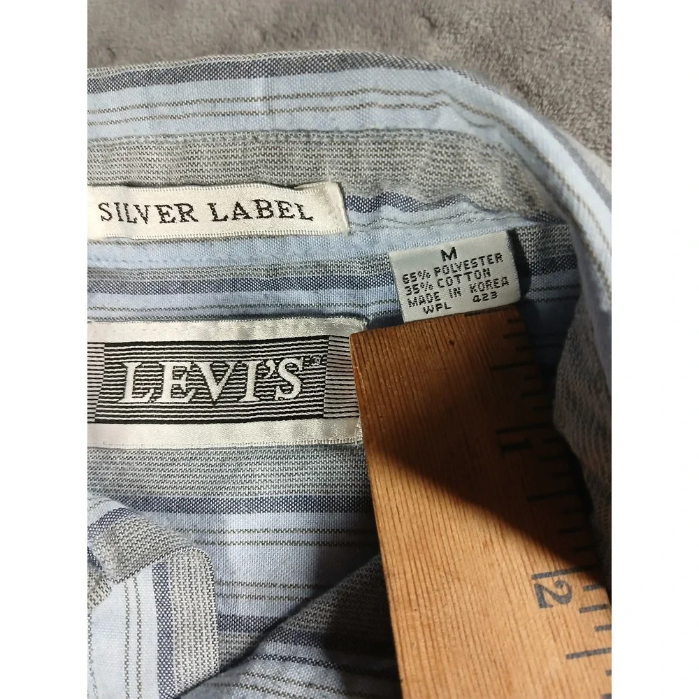 Vtg Levis Silver Label Mens M Striped Button Down Shirt Blue Grey Long Sleeve